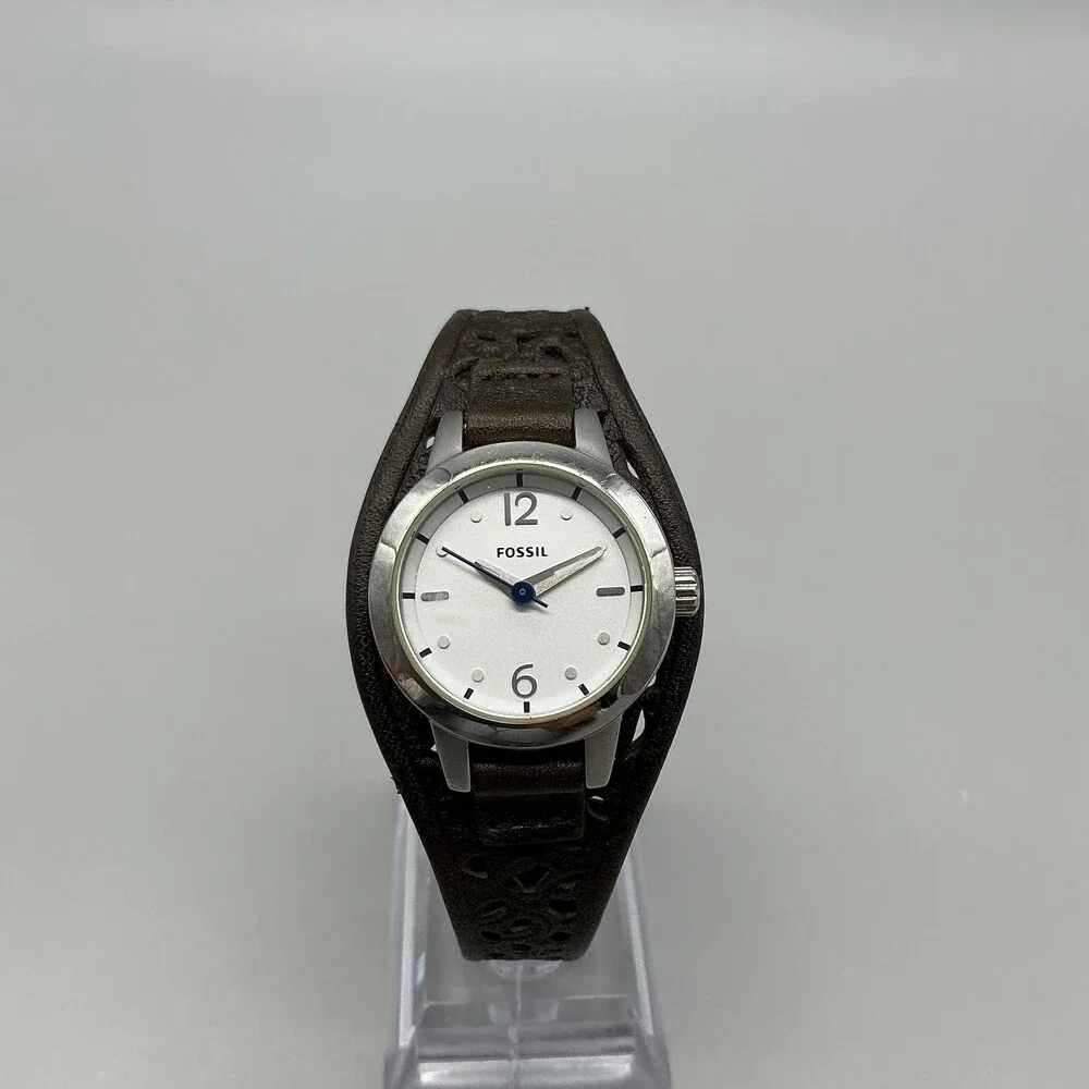 Fossil JR-1258 Womens Watch 27mm Silver Dial Brown Leather Cuff New Battery